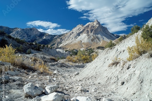 Desert mountainous terrain with rocky paths and sparse vegetation.