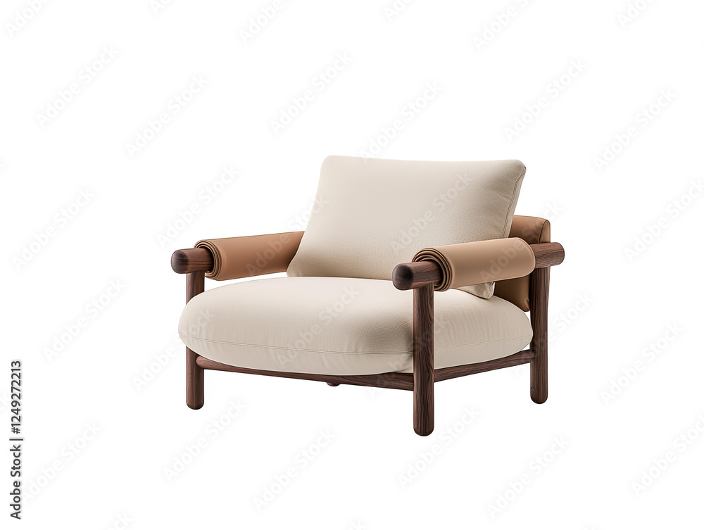 Fototapeta premium Comfortable white cushion chair with brown wooden armrest, perfect for relaxing in style
