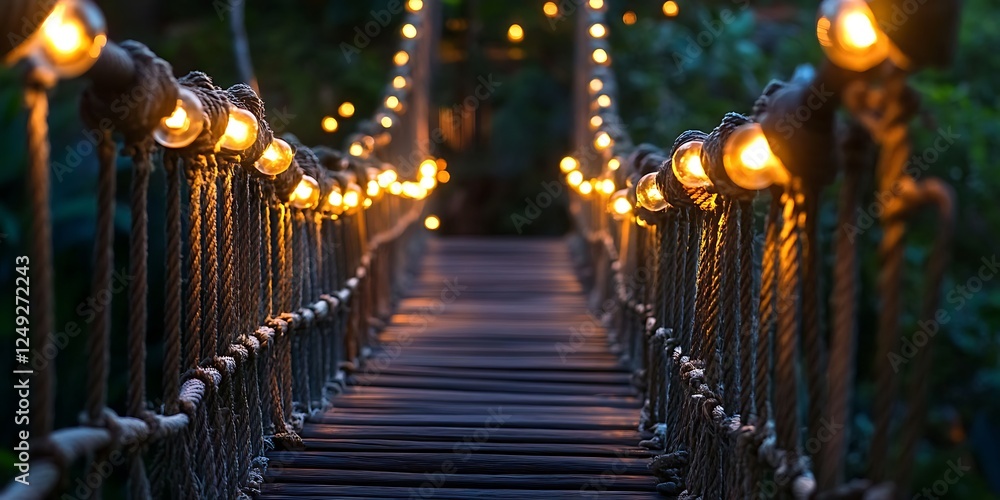 Obraz premium rope wooden bridge and bulb light decorated with warming twilight evening