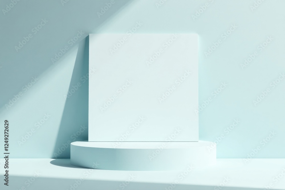 Fototapeta premium Serene Minimalist Mockup Pale Blue Background with Blank Vertical Canvas on Cylindrical Pedestal in Soft Light
