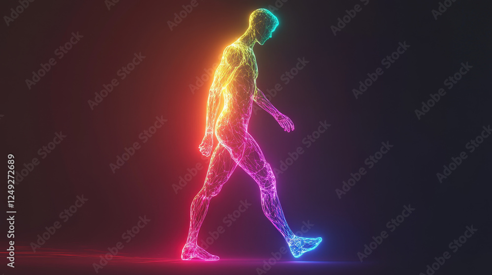Fototapeta premium Neon Holographic Human Figure Walking in a Digital Realm