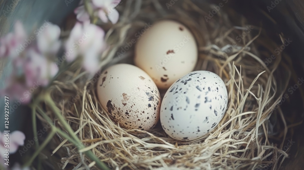 Speckled and plain eggs nestled in straw with delicate flowers Speckled and plain eggs nestled in straw with delicate flowers