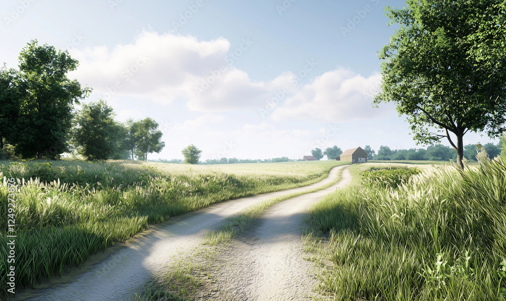 A serene landscape featuring a gravel path diverging through lush greenery and trees under a clear blue sky.
