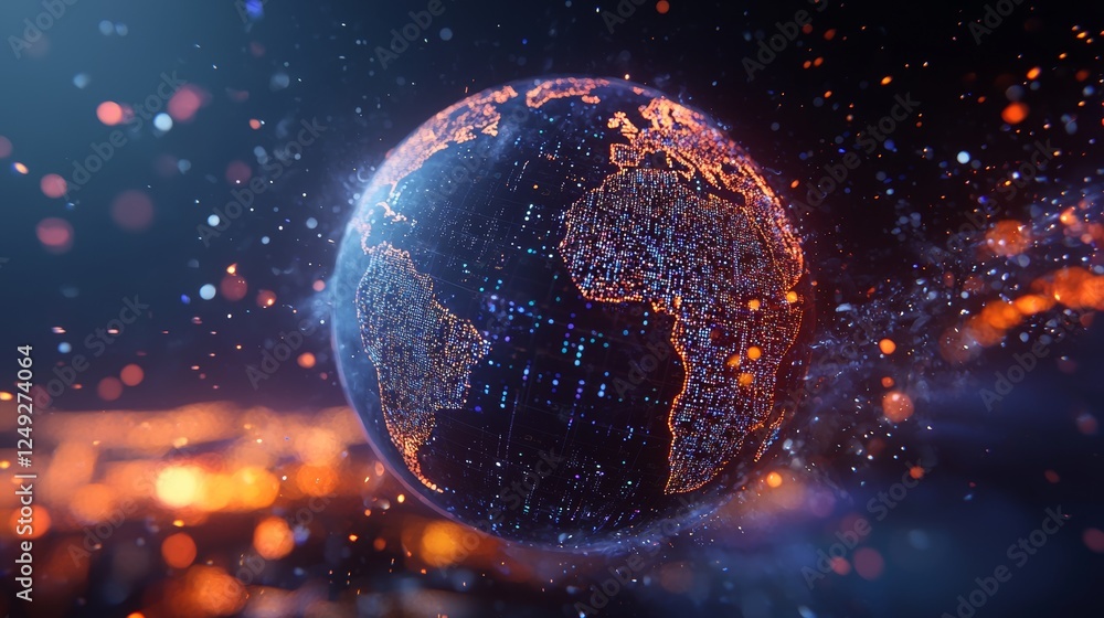 Obraz premium A futuristic digital command center displays an immersive 3D animation of Earth as a holographic model, emphasizing global connectivity and high-tech surveillance