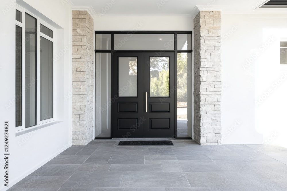 Fototapeta premium Modern entryway featuring black double doors with glass panels, stone accents, and tiled flooring creates a welcoming atmosphere in a contemporary home