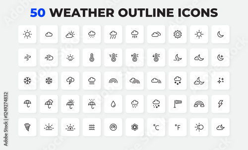 Collection of 50 outline icons illustrating various weather conditions in a simple, minimalist style. Ideal for web design, infographics, and educational projects
