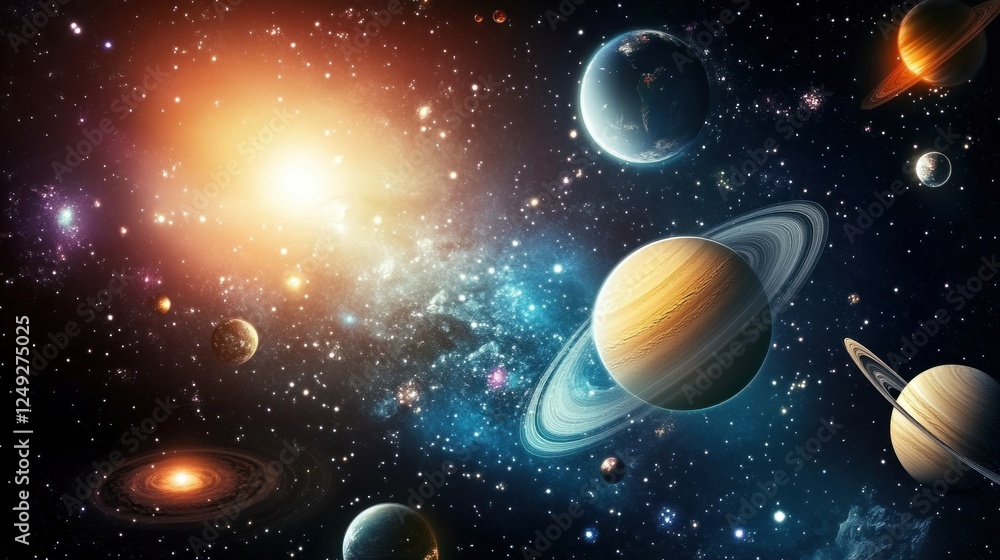 Naklejka premium A vibrant cosmic scene featuring planets, stars, and galaxies in deep space.