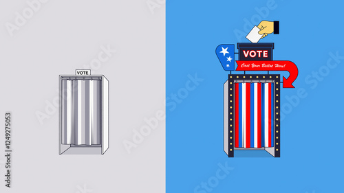 Contrast between drab and tempting voting booths in United States election