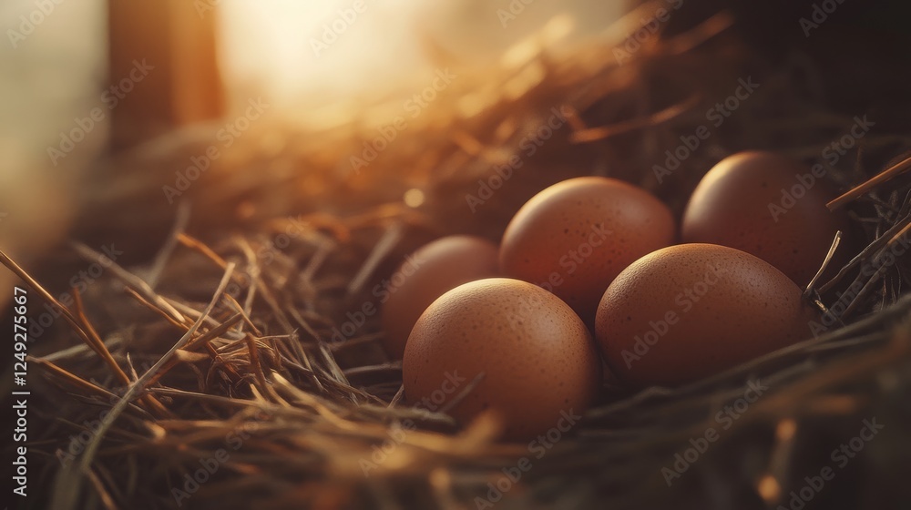 Fresh brown eggs nestled in hay with warm sunrise lighting Fresh brown eggs nestled in hay with warm sunrise lighting