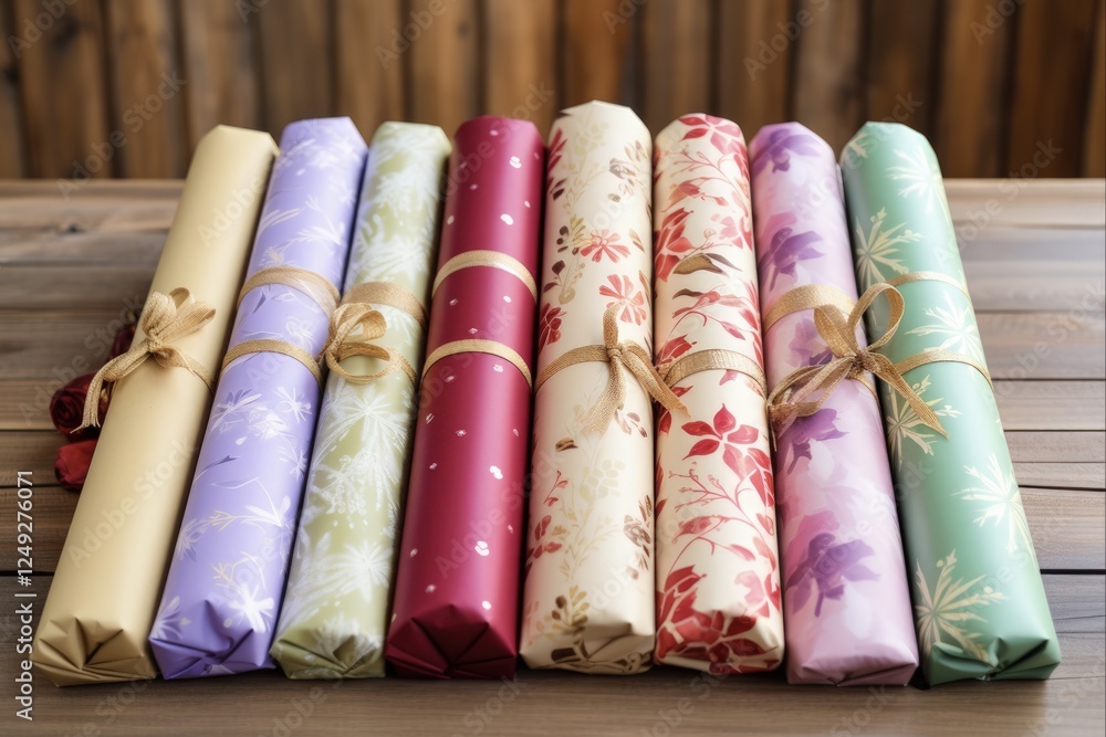 Gift Wrapping Paper Rolls on Wooden Table with Copy Space. Present Your Services with Enclosed Wrapping Paper this Christmas Holiday Gift Wrapping Paper Rolls on Wooden Table with Copy Space. Present Your Services with Enclosed Wrapping Paper this Christmas Holiday