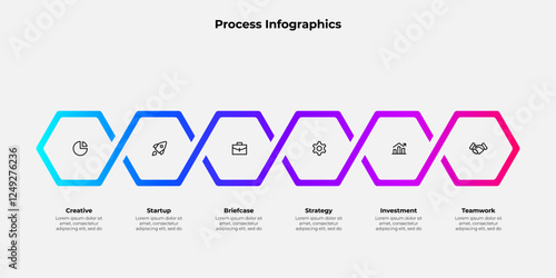 Infographic 6 steps process with hexagons elements, suitable for business, marketing, or academic use in visualizing workflows, strategies, or concise step-by-step instructions