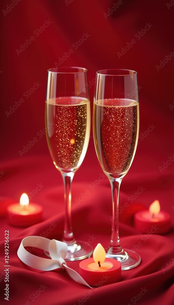 Sparkling champagne in flutes with candles on red fabric, Valentine's Day celebration. Sparkling champagne in flutes with candles on red fabric, Valentine's Day celebration.