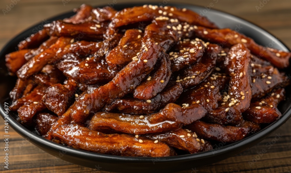Sesame-glazed meat dish on dark bowl, wooden background; recipe, food blog, menu