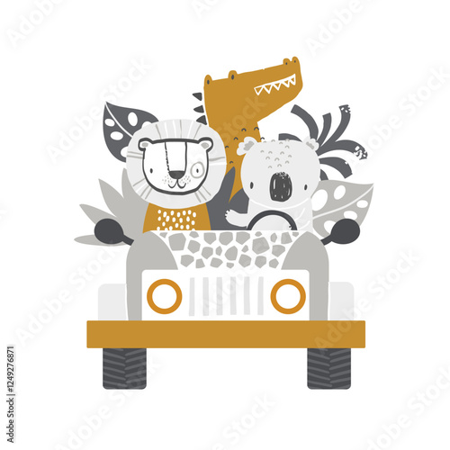 Vector illustration cute lion, koala and crocodile riding in a jeep. African animals and tropical leaves. Safari. Jungle. Cute animals for children. Poster, print, card. Scandinavian style.