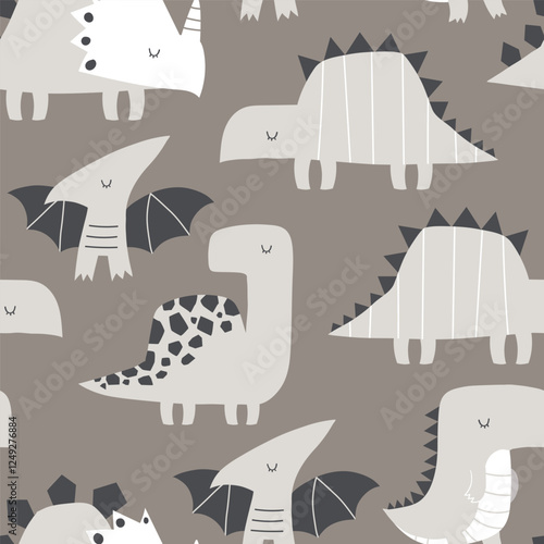 Vector seamless beige children's pattern with cute dinosaurs. Triceratops, t-rex, raptor, stegosaurus, pterodactyl. Creative kids texture for fabric, wrapping, textile, wallpaper. Scandinavian style.