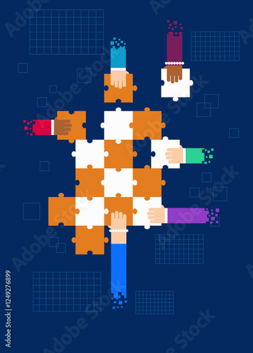 Pixelated arms working together to solve jigsaw puzzle