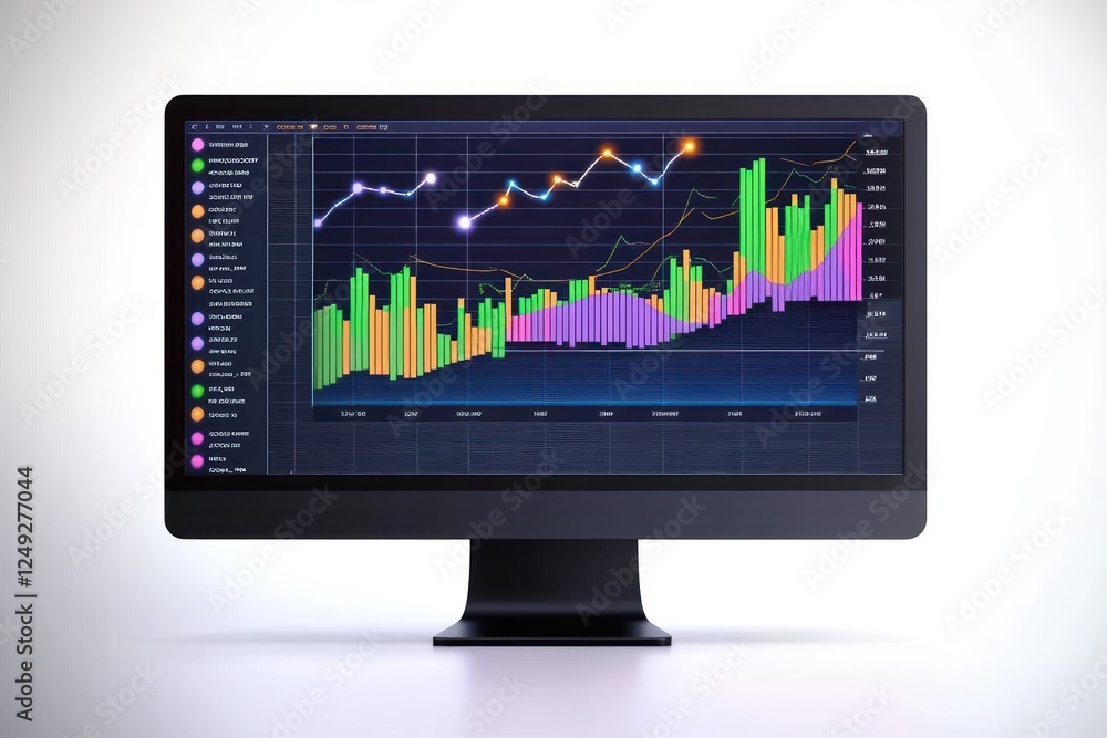 Sleek Computer Monitor Showing Vibrant Financial Graph with Rising Trends and Colorful Bars Sleek Computer Monitor Showing Vibrant Financial Graph with Rising Trends and Colorful Bars