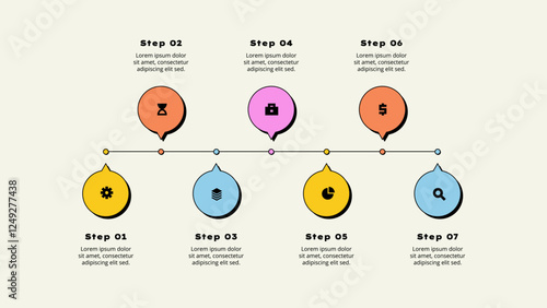 Seven horizontal circle elements. Concept of 7 options of business development process. Timeline vector illustration. Neobrutalism infographic template