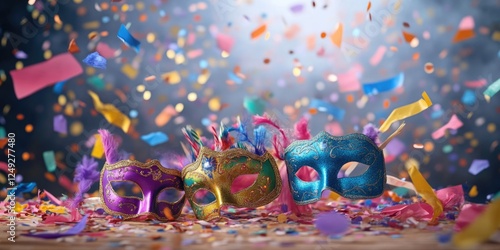 Mardi Gras themed celebration with confetti and decorations photo