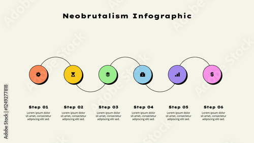 Six horizontal circle elements. Concept of 6 options of business development process. Timeline vector illustration. Neobrutalism infographic template