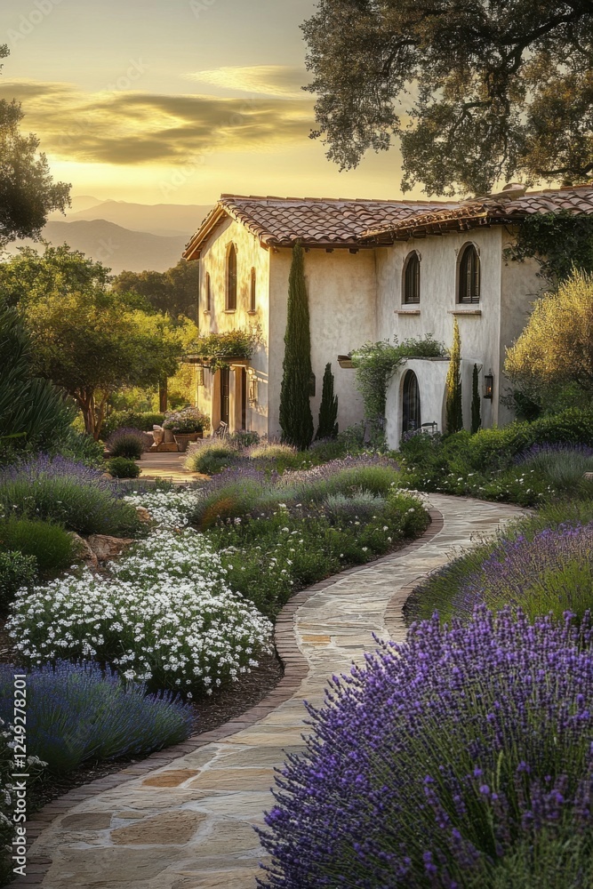 Fototapeta premium Beautiful garden pathway leads to a charming villa in a serene landscape at sunset with vibrant flowers and lush greenery