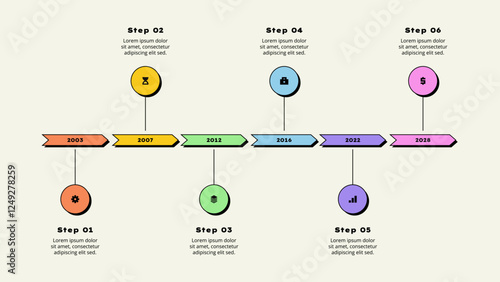 Six horizontal circle elements. Concept of 6 options of business development process. Timeline vector illustration. Neobrutalism infographic template