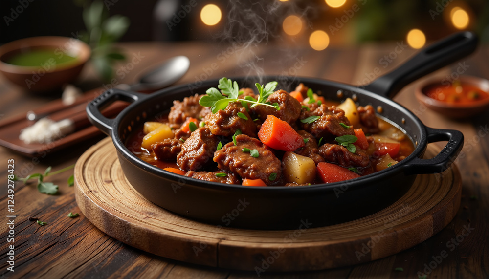 Hearty lamb stew in ceramic bowl on wooden table, winter comfort Hearty lamb stew in ceramic bowl on wooden table, winter comfort