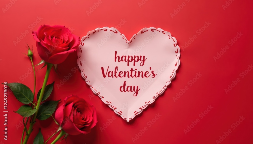 Red roses and paper heart on red background for Valentine's Day concept. Red roses and paper heart on red background for Valentine's Day concept.
