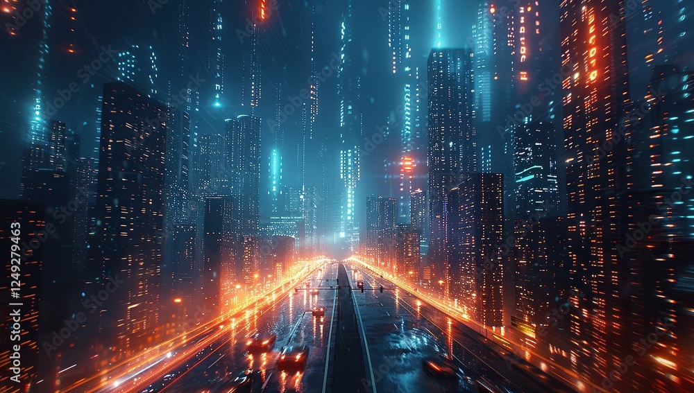 Fototapeta premium Cyberpunk Cityscape: Neon Lights and Data Streams