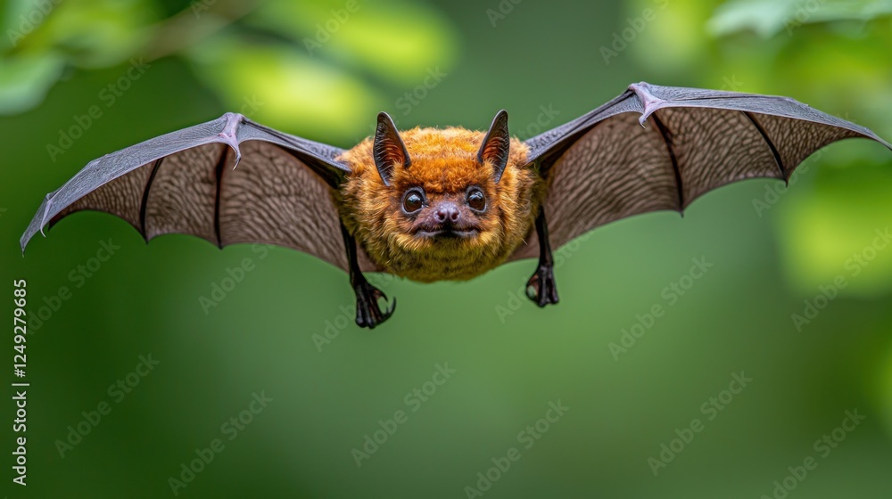 Obraz premium Forest bat in flight, focused, blurred background