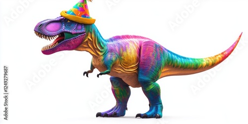 Fototapeta Naklejka Na Ścianę i Meble -  Vibrant and cheerful dinosaur wearing a party hat with rainbow colors.