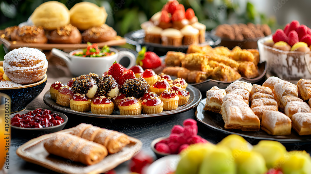 A lavish spread of pastries, cakes, and fruits, perfect for a luxurious breakfast or brunch. A delightful array of sweet treats are arranged on dark surface. A lavish spread of pastries, cakes, and fruits, perfect for a luxurious breakfast or brunch. A delightful array of sweet treats are arranged on dark surface.