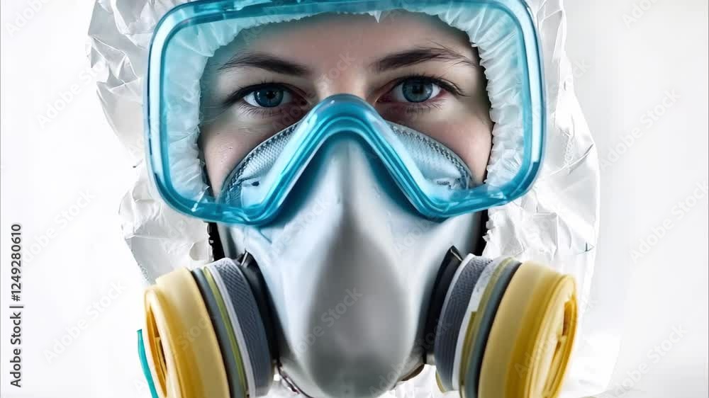 A person wearing a full protective suit, including a mask and goggles, typically used for safety in hazardous environments. A person wearing a full protective suit, including a mask and goggles, typically used for safety in hazardous environments.