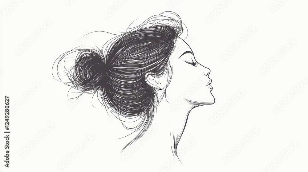 Elegant profile sketch of a woman with flowing hair, showcasing beauty and serenity in minimalistic style Elegant profile sketch of a woman with flowing hair, showcasing beauty and serenity in minimalistic style