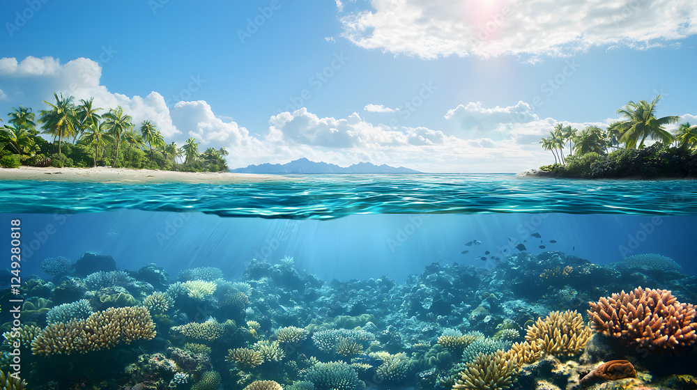 Naklejka premium a stunning split-view image showcasing a tropical paradise. The top half captures a lush, palm-lined beach with crystal clear turquoise waters and a vibrant sky.