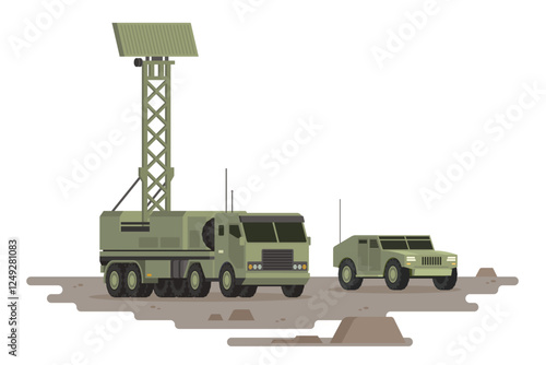 Military Vehicle Radar Truck Vector Illustration. Isolated on White, Flat Style and Fully Editable
