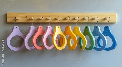 Colorful wooden hangers on wall, nursery, kids' room photo