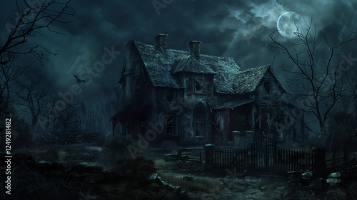 An old, abandoned cottage stands in a misty forest, covered in ivy and surrounded by overgrown vegetation
