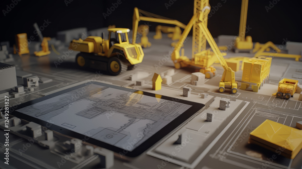 A modern construction scene with a tablet displaying 3D building plans, a yellow helmet, and a measuring tape on a sleek work surface A modern construction scene with a tablet displaying 3D building plans, a yellow helmet, and a measuring tape on a sleek work surface
