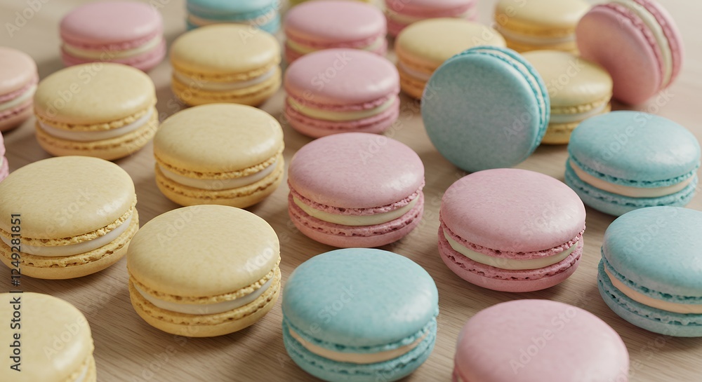Fototapeta premium Colorful assortment of macarons arranged neatly on a wooden surface