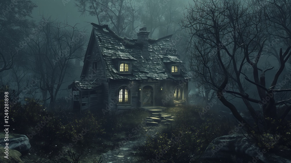 A large gothic mansion stands under a full moon, surrounded by twisted trees and dense fog