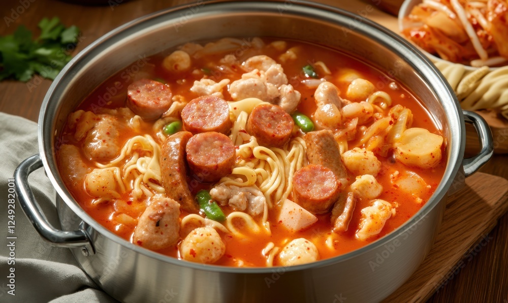 Spicy Korean stew with noodles, chicken, and sausage Spicy Korean stew with noodles, chicken, and sausage