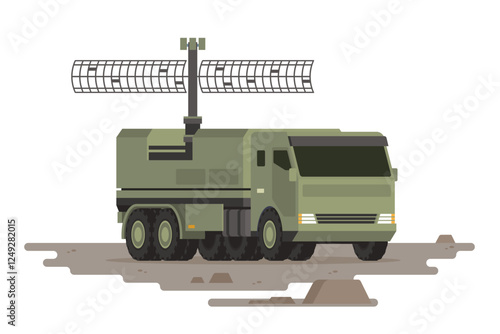 Military Vehicle Radar Truck Vector Illustration. Isolated on White, Flat Style and Fully Editable