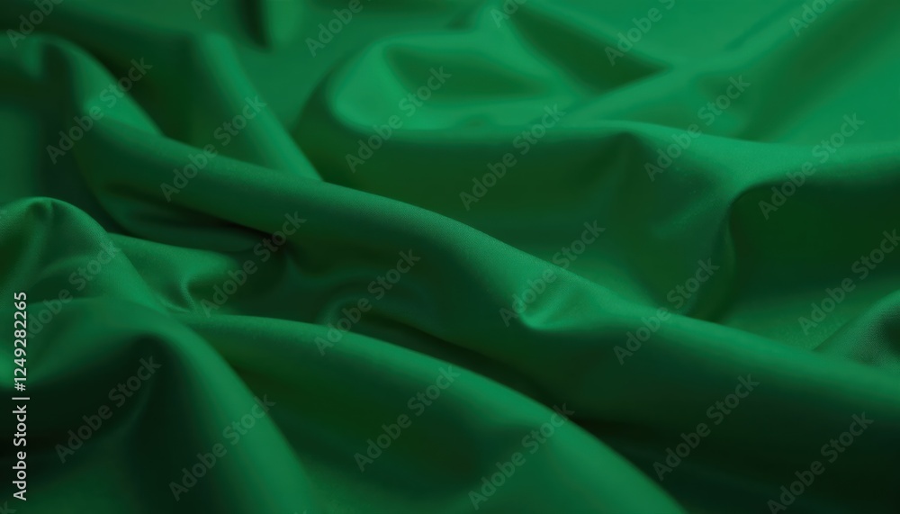 Fototapeta premium Close-up smooth flowing folds of satin fabric in emerald green, Green Screen