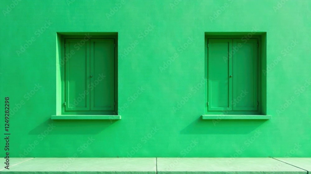Vibrant Green Wall Featuring Two Identical Shutters, Providing a Simple Yet Striking Visual Vibrant Green Wall Featuring Two Identical Shutters, Providing a Simple Yet Striking Visual