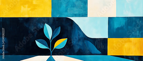 Abstract geometric background with blue and yellow textured blocks and plant motif.