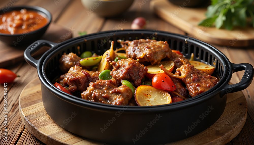 Tender lamb hotpot with vegetables on rustic table, comforting meal Tender lamb hotpot with vegetables on rustic table, comforting meal