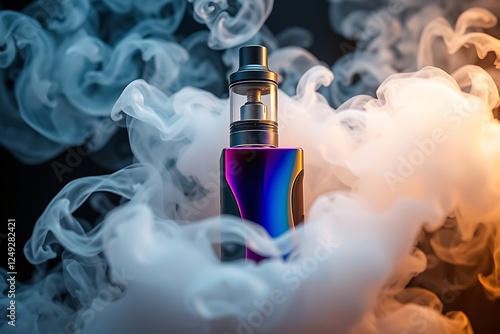 A modern vape device stands on a dark background, surrounded by swirling vapor. Generative ai