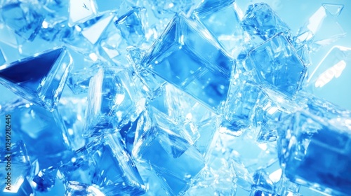 Close-up view of crushed ice cubes on a reflective surface.