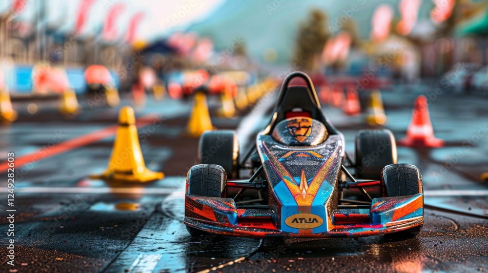 Fototapeta premium A go kart stands in focus on a wet racing track, bright cones surrounding it. The background features colorful flags and an energetic atmosphere, indicating an exciting racing event.